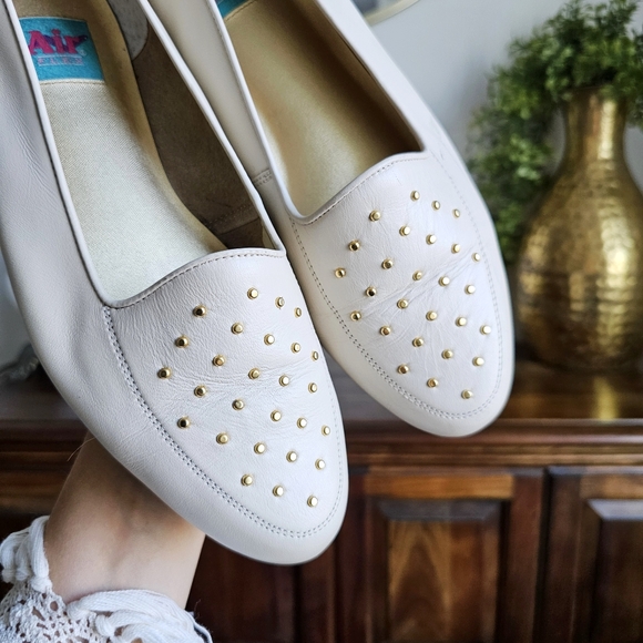 Air Flex Genuine Leather Studded Flat Loafers Cream Gold Embellished Shoes Sz 11 - Picture 11 of 16